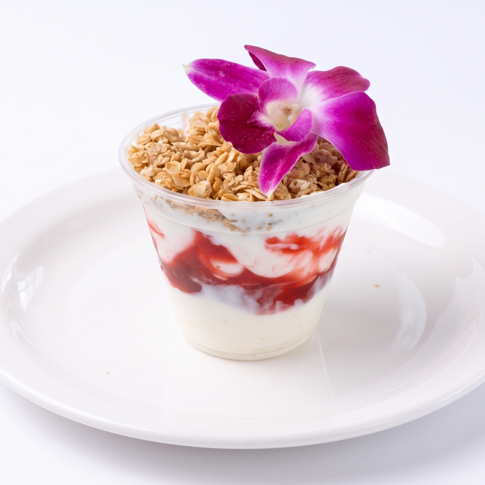 Layered yogurt parfait with red berry sauce, granola topping, and a purple orchid garnish on a white plate.