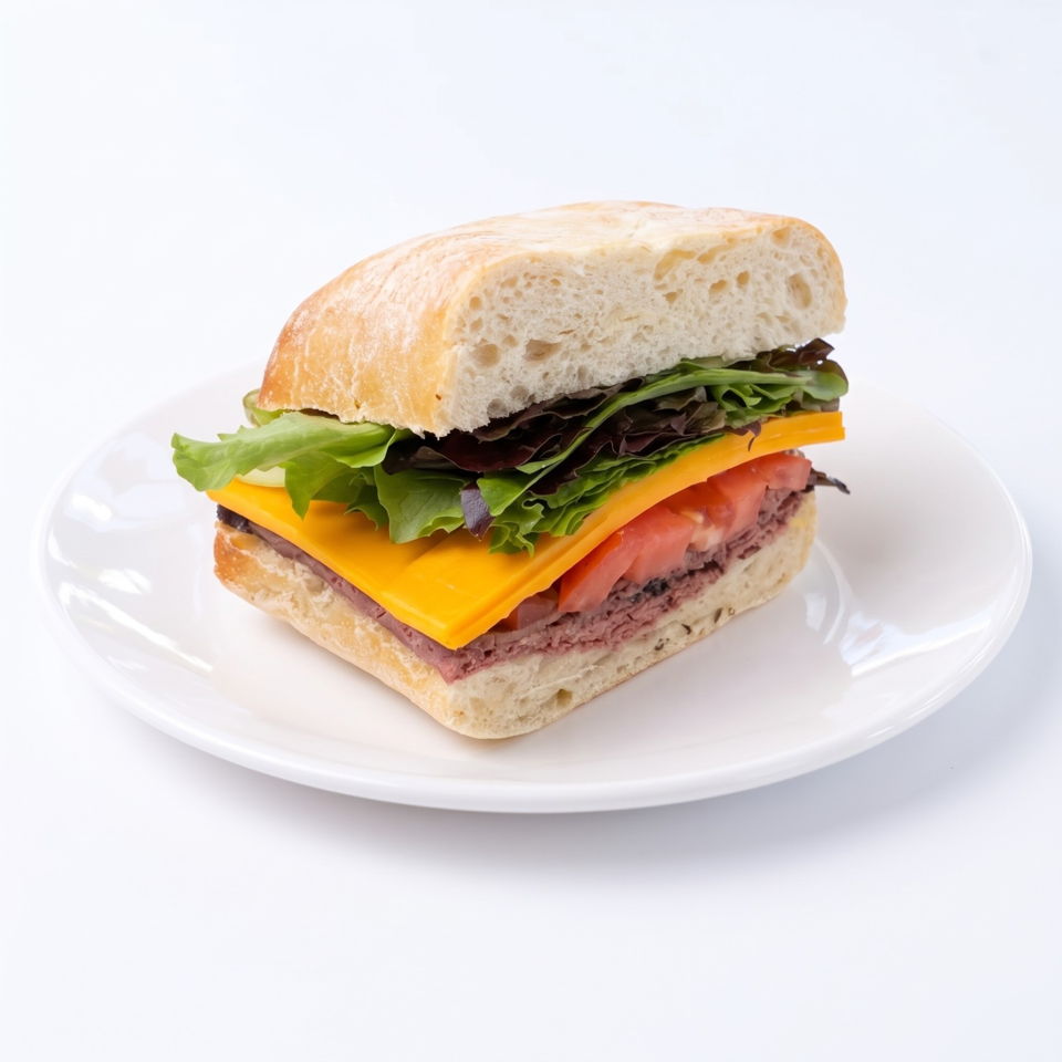 Sandwich on a white plate with ciabatta bread, deli meat, cheddar cheese, lettuce, and tomato.