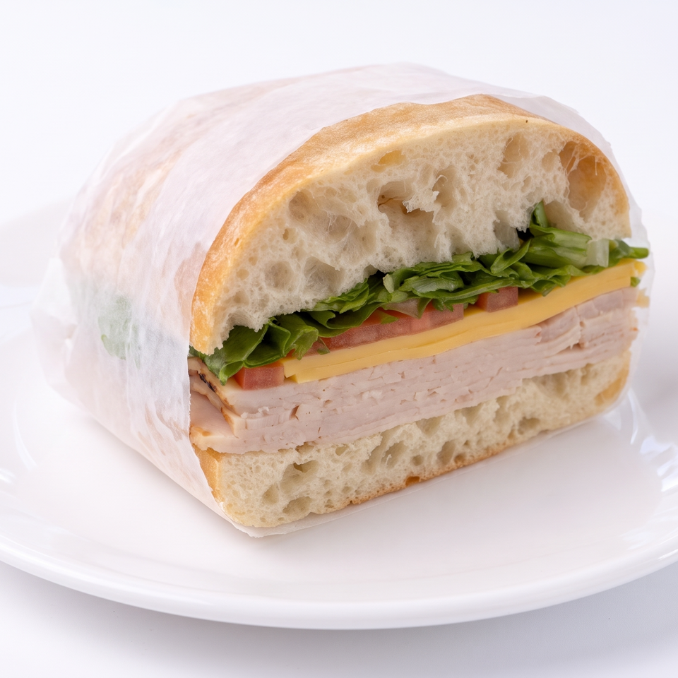 Half-wrapped deli sandwich on a white plate, layered with turkey, cheddar, tomato, and lettuce on crusty bread.