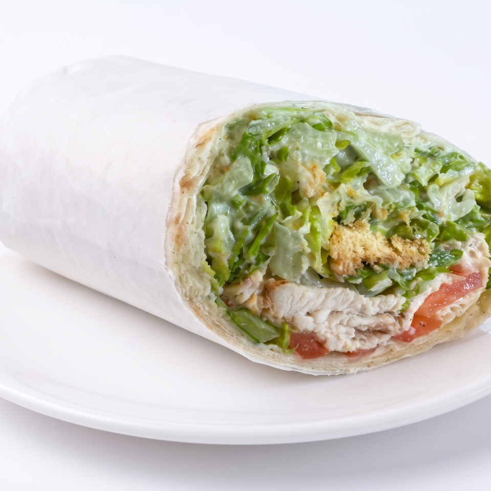 Chicken Caesar wrap with lettuce, tomato, creamy dressing, and crouton crumbs served on a white plate.