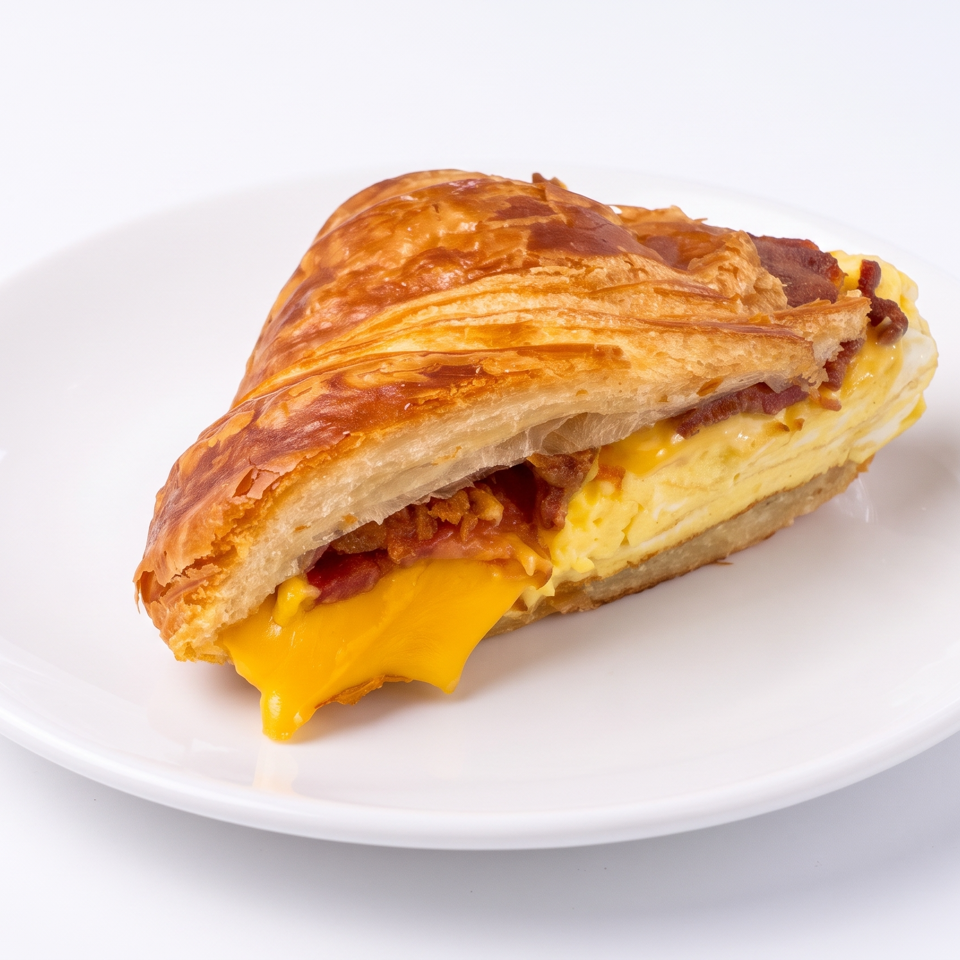 Golden flaky croissant sandwich filled with scrambled eggs, bacon, and melted cheddar cheese on a white plate.