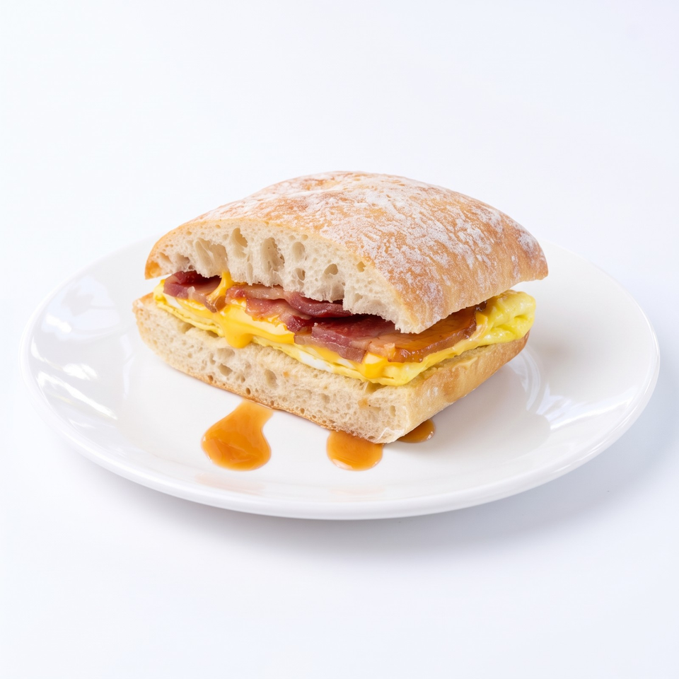 Breakfast sandwich with egg, melted cheese, and bacon on a flour-dusted ciabatta roll, served on a white plate.