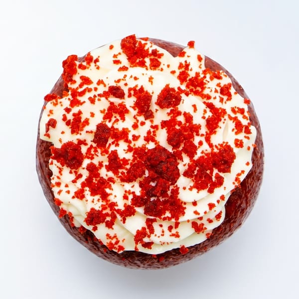 Overhead view of a red velvet cupcake with white cream cheese frosting and red crumbs.