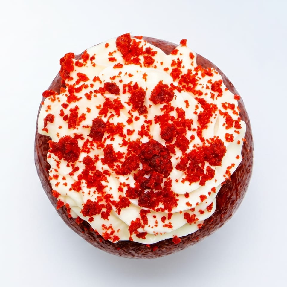Overhead view of a red velvet cupcake with white cream cheese frosting and red crumbs.
