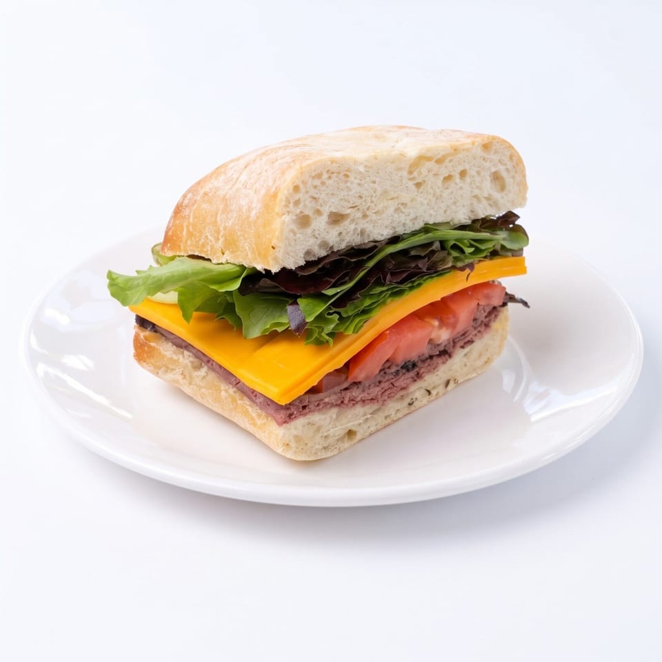 Sandwich on a white plate with a ciabatta roll, sliced cheese, leafy greens, tomato, and deli meat.