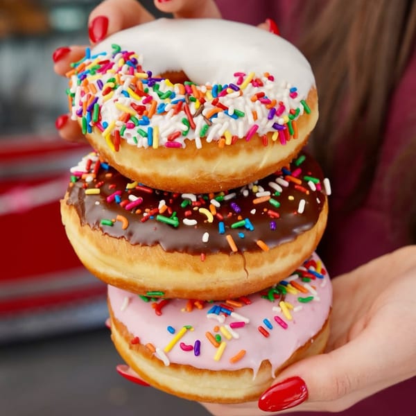 A person holds a stack of three colorful, sprinkle-covered donuts: white, chocolate, and pink.