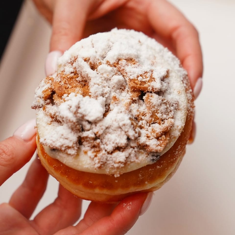 Close-up of a powdered sugar-covered pastry with a crumbly topping held in both hands.