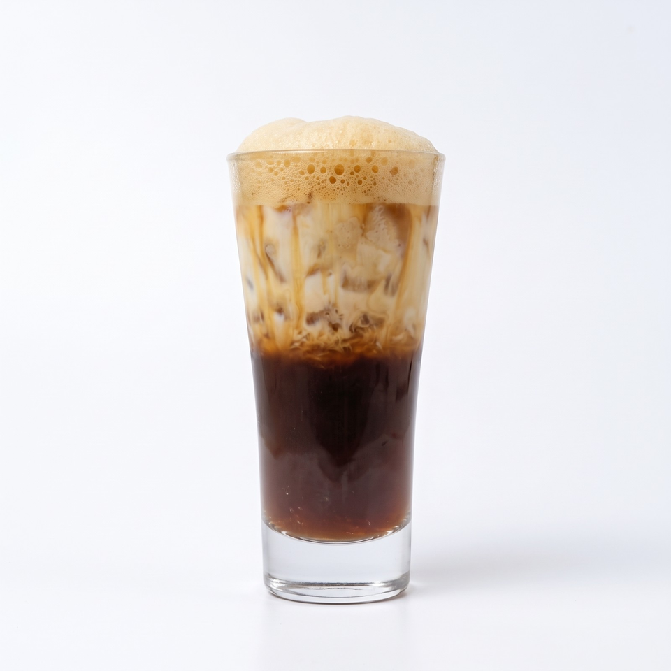 Layered iced coffee topped with creamy foam in a clear glass against a white background.